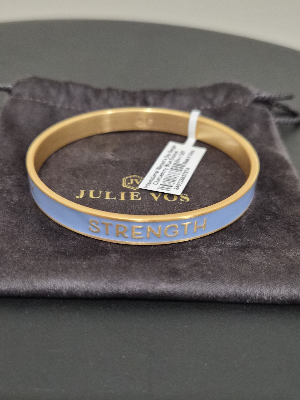 Julie Vos Gold Tone Bangle with Light Blue Enamel "STRENGTH"